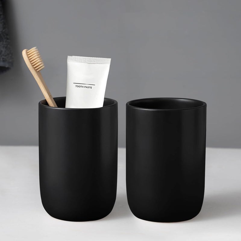BSDISP Matte Black Toothbrush Holders for Bathrooms - 2 Cups Ceramic Toothbrush Toothpaste Holders Set, Black Bathroom Tumbler Cups Reusable Toothbrush Cup Black Mouthwash Cup, Bathroom Counter Organizer - Image 1